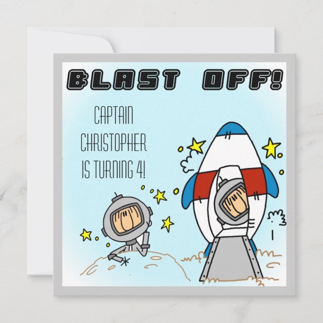 Custom Astronaut Blast Off Birthday Invites (Front)