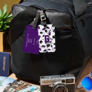 custom athlete monogram purple black soccer balls luggage tag