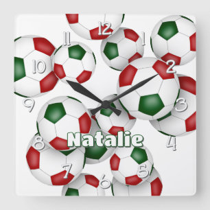 custom athlete name red green soccer square wall clock