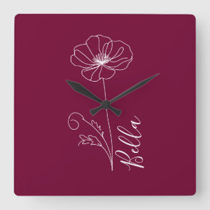 Custom August Poppy Birth Flower Gift for Birthday Square Wall Clock