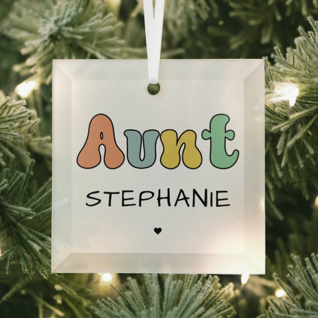 Custom Aunt Retro Gift | Auntie Personalised Glass Tree Decoration (Insitu)