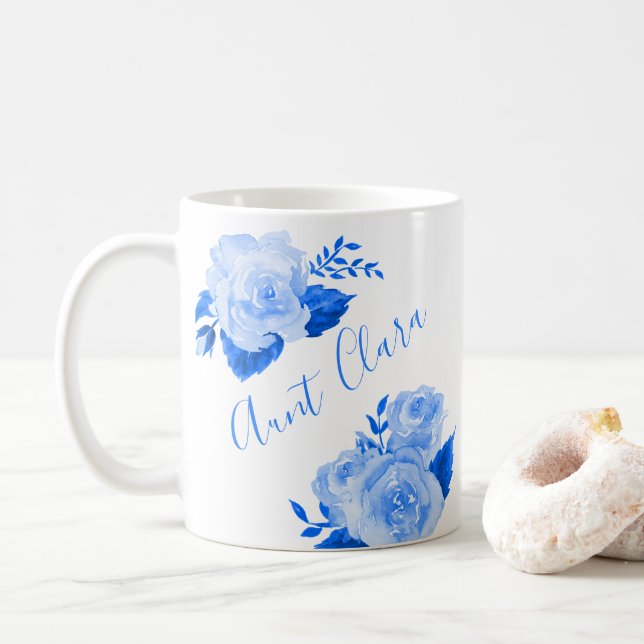 Custom Aunt Watercolor Floral Blue Rose Coffee Mug (With Donut)
