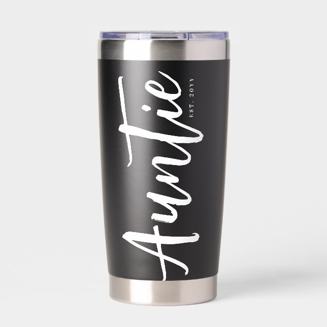 Custom Auntie Est. Modern Brush Script Typography Insulated Tumbler (Front)