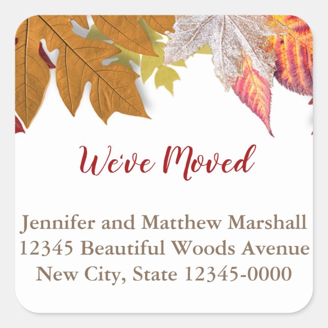 Custom Autumn Leaves Moving Announcement Square Sticker (Front)