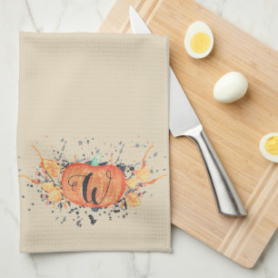 Custom Autumn Monogram Watercolor Pumpkin Tea Towel