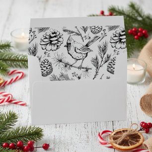 Custom B/W Cardinal Bird, Pinecones & Winter Berry Envelope