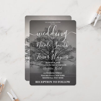 Custom B&W Tree Silhouette & Mist Wedding Invitation