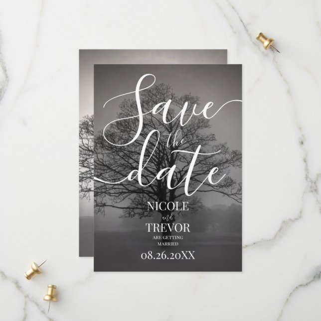Custom B&W Tree Silhouette & Mist Wedding Save The Date (Front/Back In Situ)