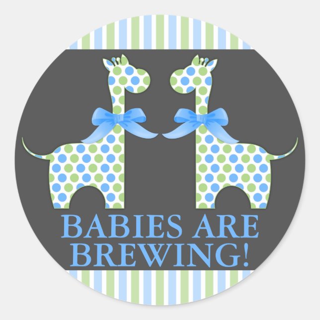 Custom Babies are Brewing Twin Boy Giraffe Classic Round Sticker (Front)