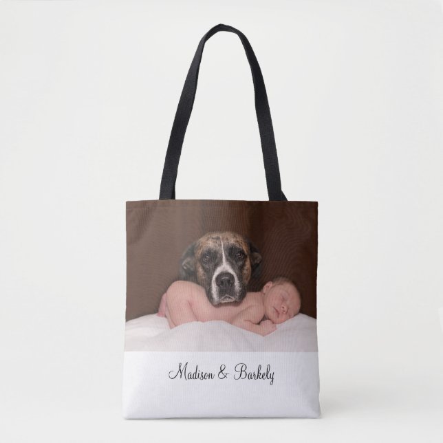 Custom Baby And Dog Photo Double Sided Tote Bag (Front)