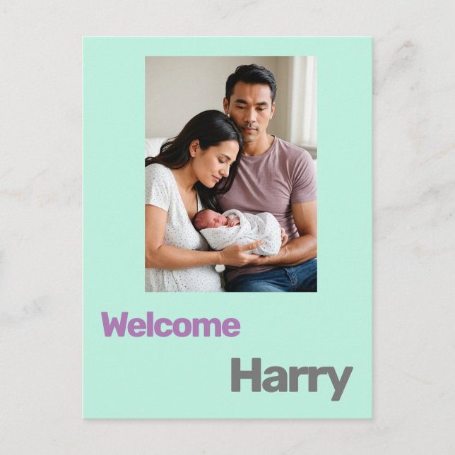 custom baby birth announcement blue purple modern postcard (Front)