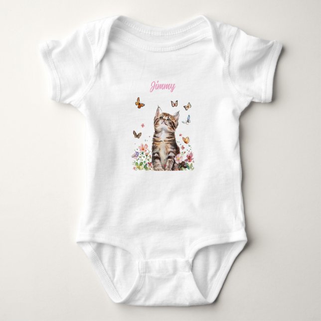 Custom Baby Bodysuit - Cute Kitten with Flowers (Front)