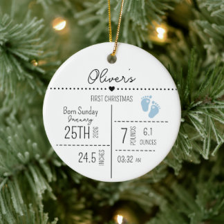 Custom Baby Boy Birth Stats Photo Keepsake Ceramic Tree Decoration