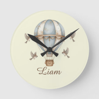 Custom Baby Boy Name Watercolor Vintage Hot Air Ba Round Clock
