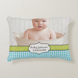 Custom baby boy photo name and birthday keepsake decorative cushion