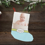 Custom baby boy photo name and birthday keepsake small christmas stocking<br><div class="desc">Customise this adorable design with your baby boy's photo, name and birthdate. Your photo is framed by a sweet blue gingham design, a thin green polka-dot pattern and an off-white vintage label. So cute and fun and perfect for creating a keepsake for your baby boy's nursery or gifts for grandparents,...</div>