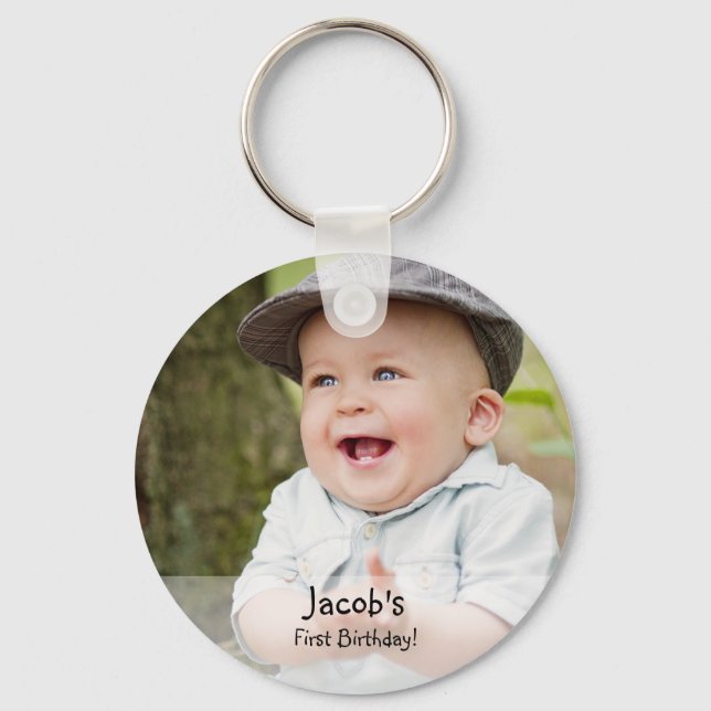 Custom Baby boy's first birthday photo name favour Key Ring (Front)