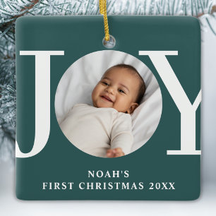 Custom Baby Boy's First Christmas Photo Green Ceramic Ornament