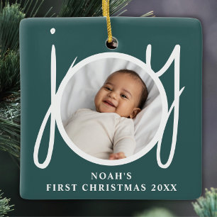 Custom Baby Boy's First Christmas Photo Green Ceramic Ornament