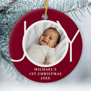 Custom Baby Boy's First Christmas Photo Joy Maroon Ceramic Tree Decoration
