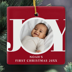 Custom Baby Boy's First Christmas Photo Red Ceramic Ornament