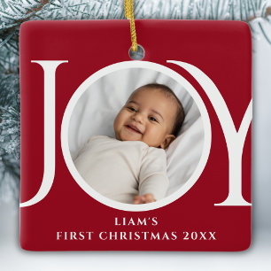 Custom Baby Boy's First Christmas Photo Red Ceramic Ornament