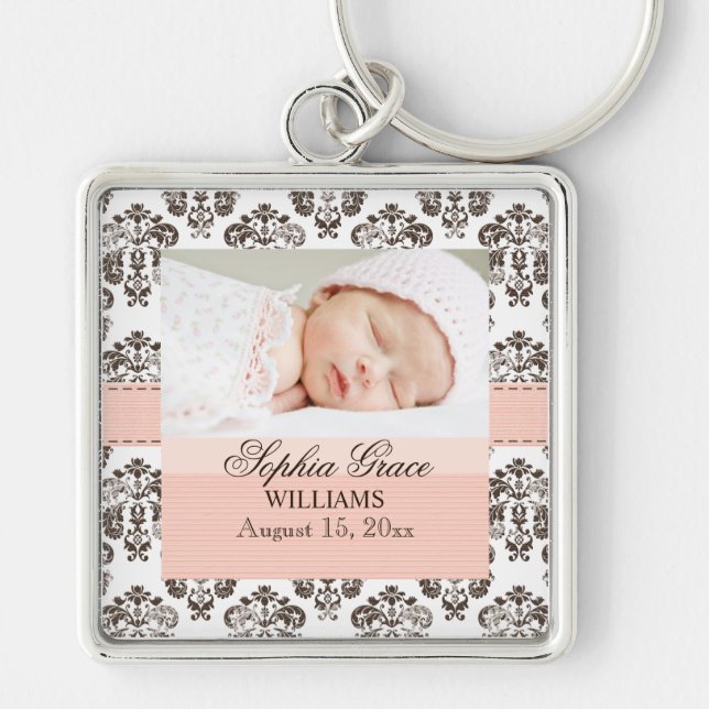 Custom Baby Damask Photo Keychain  Pink and Brown (Front)