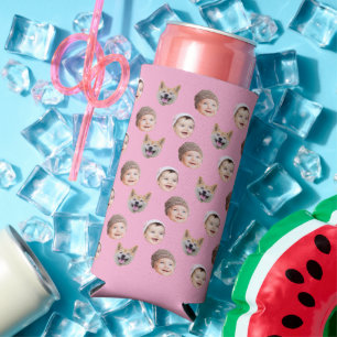 Custom Baby Face, Custom Family 3 Photos Pink Seltzer Can Cooler