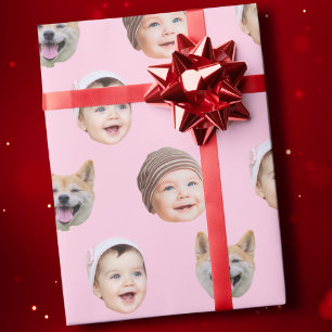 Custom Baby Face, Custom Family 3 Photos Pink Wrapping Paper