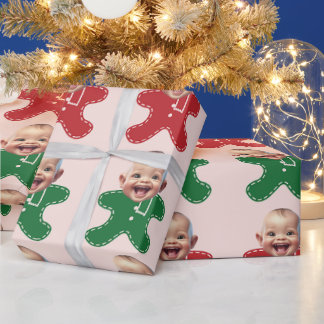 Custom Baby Face Photo Gingerbread Men Christmas Wrapping Paper