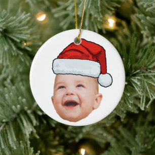 Custom Baby Face Photo Santa Hat Christmas Ceramic Tree Decoration