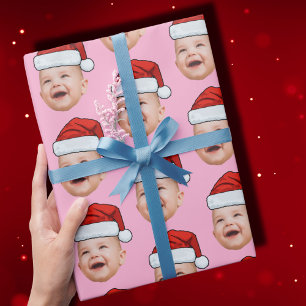 Custom Baby Face Photo Santa Hat Christmas Pink Wrapping Paper