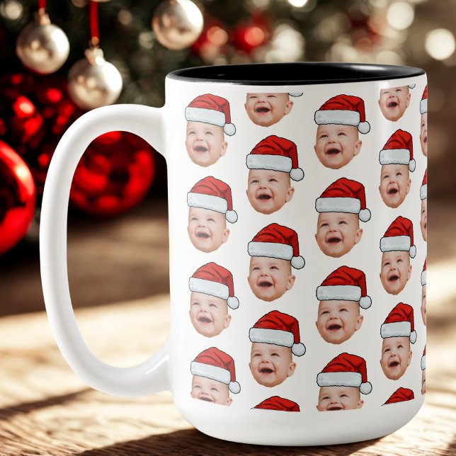 Custom Baby Face Photo Santa Hat Christmas Two-Tone Coffee Mug (Creator Uploaded)