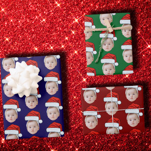 Custom Baby Face Photo Santa Hat Christmas Wrapping Paper Sheet