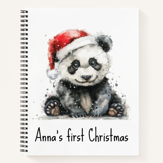 Custom Baby First Christmas Watercolor Panda Santa Notebook (Front)