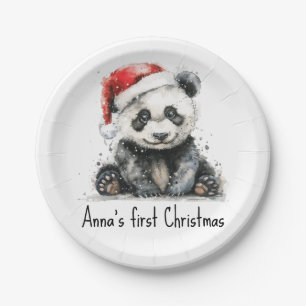 Custom Baby First Christmas Watercolor Panda Santa Paper Plate