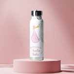 Custom Baby Girl Name Stork Water Bottle<br><div class="desc">This sweet and minimalist water bottle design features a soft watercolor stork carrying a pink bundle,  with space to personalise a loved one's name beneath the message "See You Soon." A charming gift for pregnancy announcements,  aunt-to-be surprises,  or gender reveals. Gentle,  elegant,  and sentimental.</div>