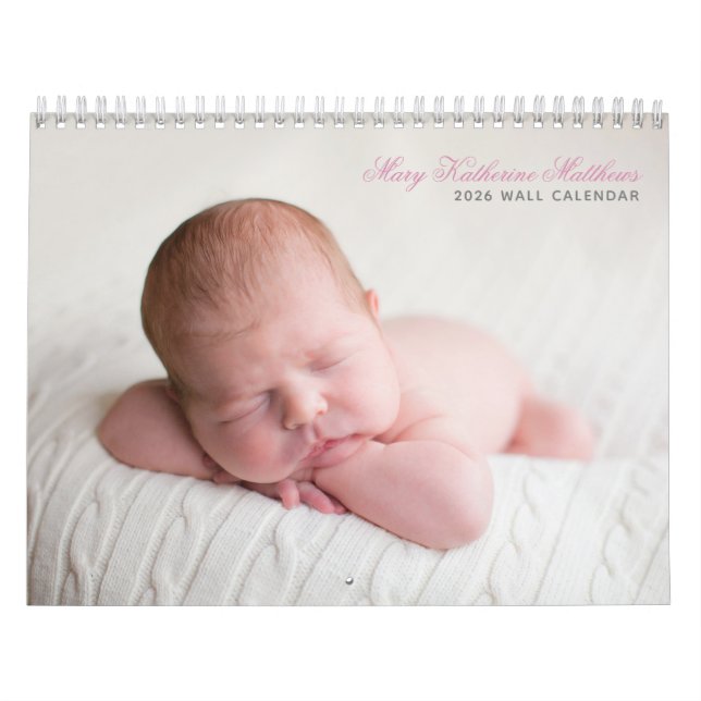 Custom Baby Girl Newborn Photo Chic Pink 2026 Wall Calendar (Cover)