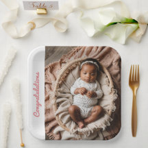 Custom Baby Girl Paper Plate – Pink Newborn Photo