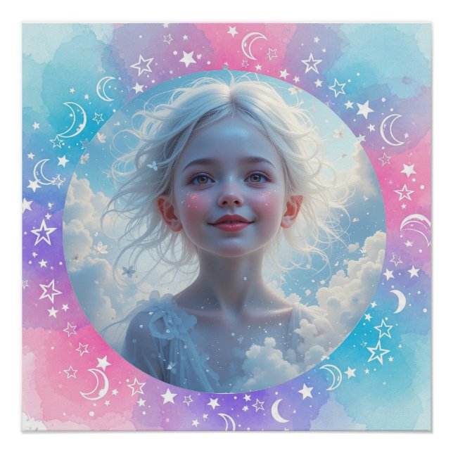 Custom Baby Girl – Pastel Watercolor Stars & Moon Poster (Front)
