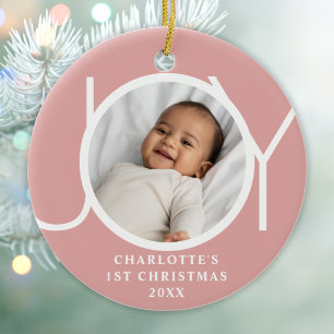 Custom Baby Girl's First Christmas Photo Joy Pink Ceramic Tree Decoration