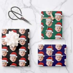 Custom Baby Head Face Photo Santa Hat Xmas Black Wrapping Paper Sheet