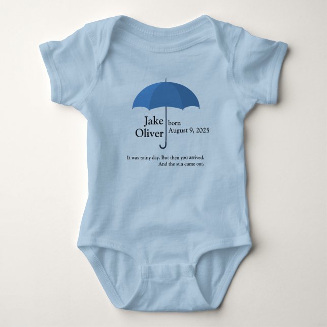 Custom Baby Name and Date under Blue Umbrella Baby Bodysuit (Front)