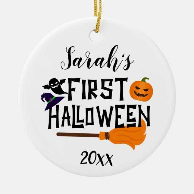 Custom Baby Name First Halloween Pumpkin 2021 Ceramic Tree Decoration (Front)