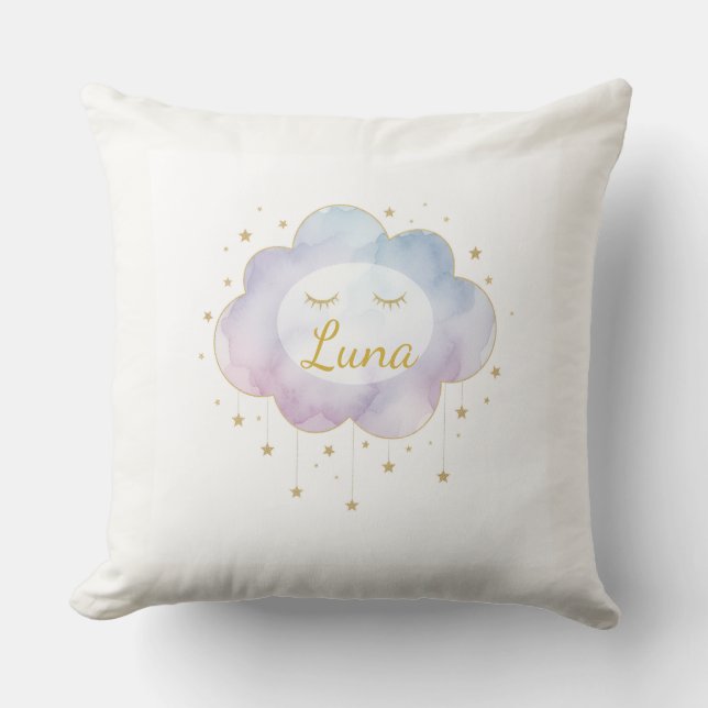 Custom Baby Name Lavender Watercolor Cloud Gold Ey Cushion (Front)