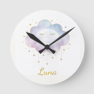 Custom Baby Name Lavender Watercolor Cloud Gold Ey Round Clock
