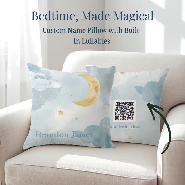 Custom Baby Name Nursery Pillow with QR Code Music (Personalized nursery pillow with baby name on front and QR code lullaby playlist on the back.)