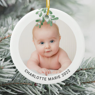 Custom Baby Name Photo Christmas Watercolor Ceramic Tree Decoration