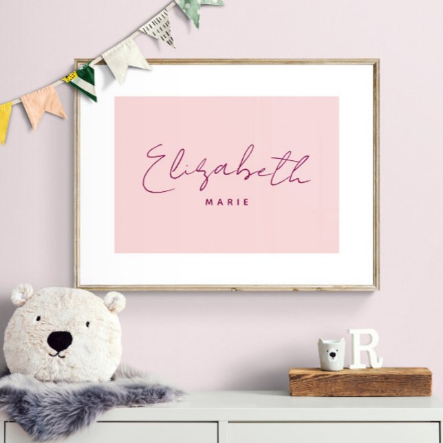 Custom Baby Name Print Minimalist Nursery Pink Art (Shown with frame. Print is designed with white border so it looks matted.)