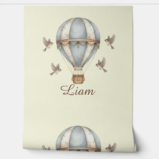 Custom Baby Name Watercolor Hot Air Balloon & Bird Wallpaper